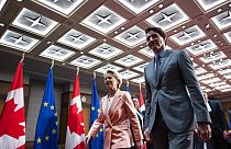 President of the European Commission Ursula von der Leyen and Canadian Prime Minister Justin Trudeau leave a welcoming ceremony in Ottawa, Ontario.