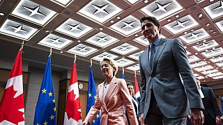 President of the European Commission Ursula von der Leyen and Canadian Prime Minister Justin Trudeau leave a welcoming ceremony in Ottawa, Ontario.