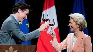 Justin Trudeau kanadai kormányfő és Ursula von der Leyen az Európai Bizottság elnöke Ottawában 2023. márciusában