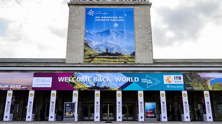 View of the main entrance to the International Tourism Trade Fair in Berlin.