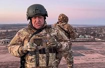 In this handout photo taken from video released on March 3, 2023, Yevgeny Prigozhin, the owner of the Wagner Group stands at an unspecified location in Ukraine.