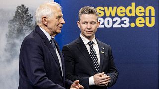 Sweden's Defense Minister Pal Jonson, right, and European Union foreign policy chief Josep Borrell, in Marsta outside Stockholm, Sweden March 8, 2023.