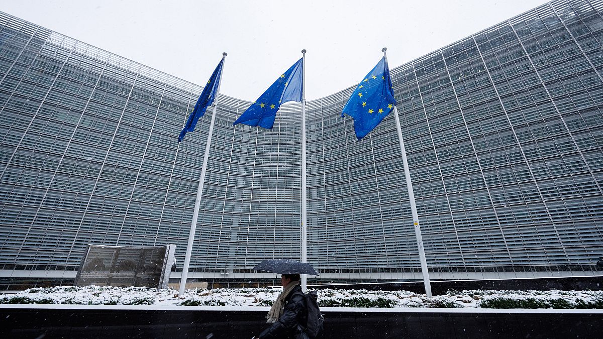 The European Commission's Berlaymont building under the snow on Wednesday March 8th 2023, following threatening emails it received