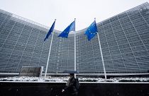 The European Commission's Berlaymont building under the snow on Wednesday March 8th 2023, following threatening emails it received