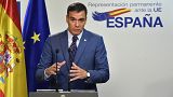 Spain's Prime Minister Pedro Sanchez speaks during a media conference at an EU summit in Brussels, Oct. 21, 2022.