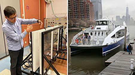 Professor Yujing Liu with the new charging system, which could speed up the electrification of urban ferries and other vehicles.