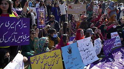 Activists take part in a rally to mark International Women's Day, in Islamabad, Pakistan, Wednesday, March 8, 2023. 