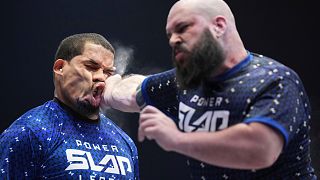 Ryan Phillips slaps Rob Perez at a Power Slap event in Las Vegas, March 31, 2022. 