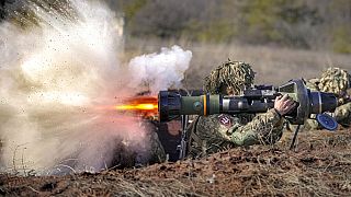  Ukrainian serviceman fires an NLAW anti-tank weapon during an exercise in the Joint Forces Operation, in the Donetsk region, eastern Ukraine, Feb. 15, 2022.