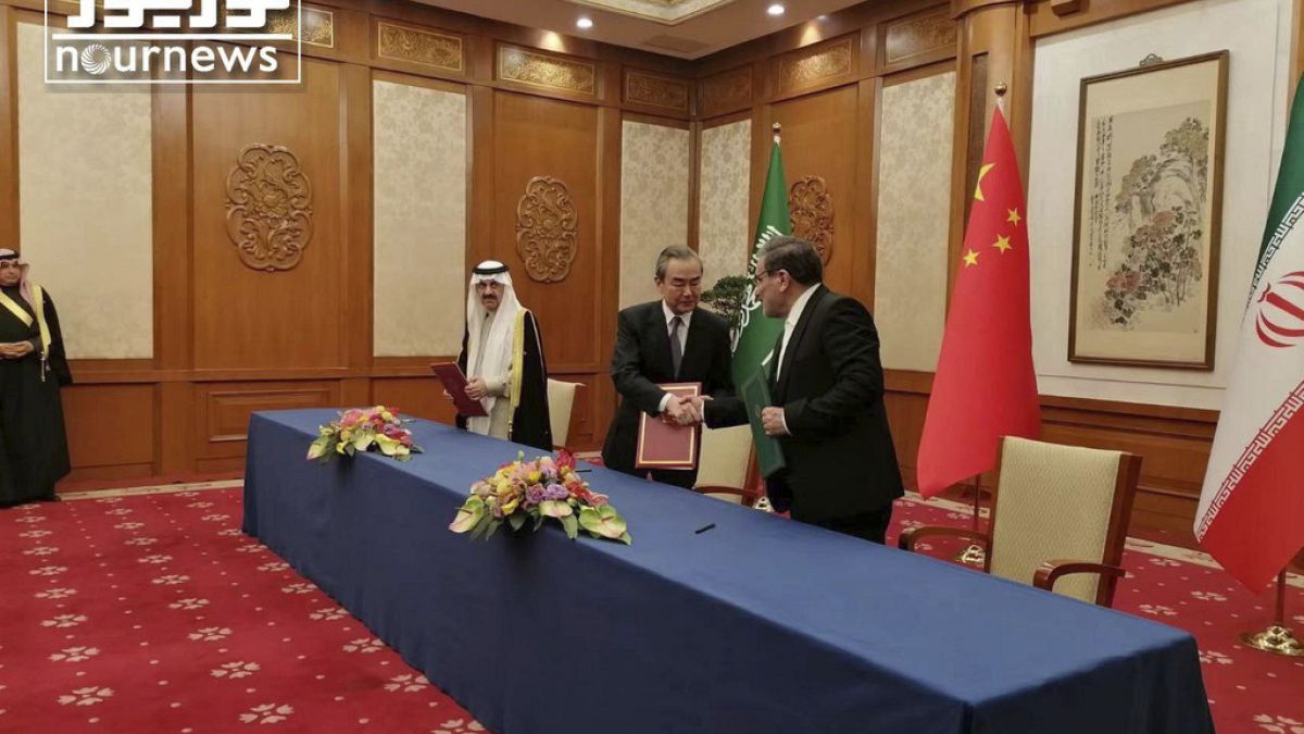 Cérémonie de signature d'un accord de rétablissement des relations diplomatiques entre l'Iran et l'Arabie Saoudite, Pékin, le 10 mars 2023
