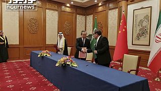 Cérémonie de signature d'un accord de rétablissement des relations diplomatiques entre l'Iran et l'Arabie Saoudite, Pékin, le 10 mars 2023