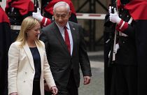 Italian Premier Giorgia Meloni, left, welcomes Israeli Prime Minister Benjamin Netanyahu at Chigi Palace government offices in Rome, Friday, March 10, 2023.