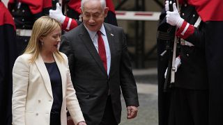 Italian Premier Giorgia Meloni, left, welcomes Israeli Prime Minister Benjamin Netanyahu at Chigi Palace government offices in Rome, Friday, March 10, 2023.