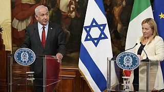 Benjamin Netanyahu com Giorgia Meloni, na visita do primeiro-ministro israelita a Roma