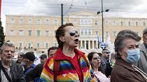 Protesters shout slogans during a rally following Feb. 28th train collision in central Greece, in front of the parliament, in Athens, Sunday, March 12, 2023.