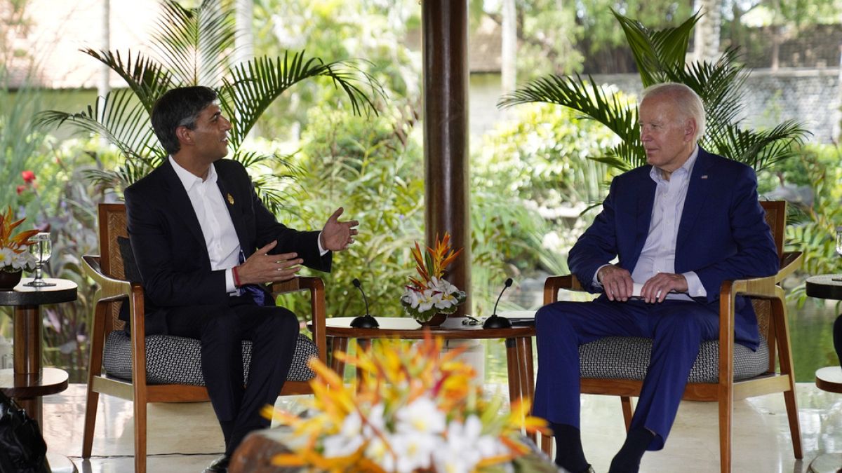 FILE - US President Joe Biden, right, with UK Prime Minister Rishi Sunak during a meeting on the sidelines of the G20 summit meeting, Nov. 16, 2022, in Bali, Indonesia.