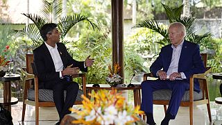 Primeiro-ministro do Reino Unido, Rishi Sunak, com Joe Biden, presidente dos EUA