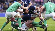 Scotland's Matt Fagerson, centre, is tackled, during the Six Nations rugby union international match between Scotland and Ireland at BT Murrayfield Stadium, in Edinburgh.