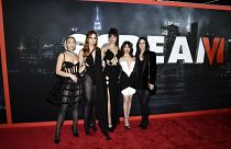 Devyn Nekoda, left, Liana Liberato, Melissa Barrera, Jenna Ortega and Courteney Cox attend the world premiere of 'Scream VI' in New York City