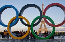 The Olympic rings set up at Trocadero plaza following the announcement of the 2024 Games, 14 September 2017. 