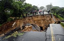 A road connecting the two cities of Blantyre and Lilongwe is seen damaged following heavy rains caused by Tropical Cyclone Freddy in Blantyre, Malawi Tuesday, March 14 2023.