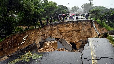 A road connecting the two cities of Blantyre and Lilongwe is seen damaged following heavy rains caused by Tropical Cyclone Freddy in Blantyre, Malawi Tuesday, March 14 2023.
