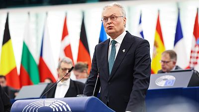 President of Lithuania Gitanas Nauseda delivers his speech during a debate in the European parliament on Tuesday, March 14, 2023 in Strasbourg, eastern France