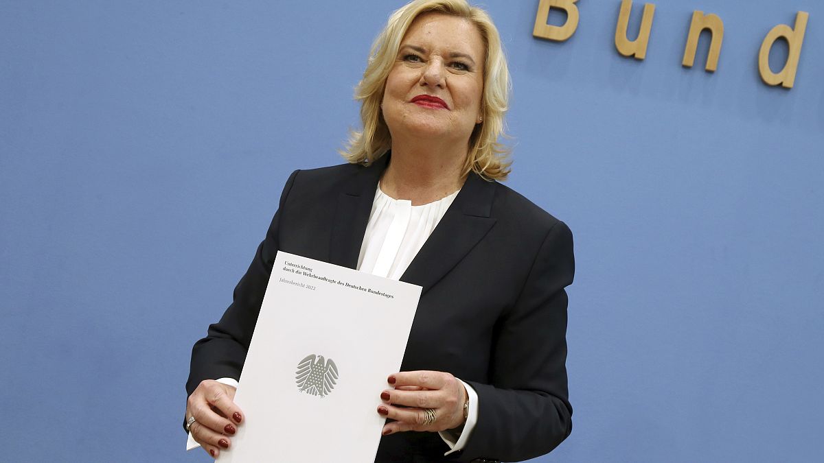 The parliamentary commissioner for the German military Eva Hoegl presents her annual report during a news conference in Berlin, Germany, Tuesday, March 14, 2023