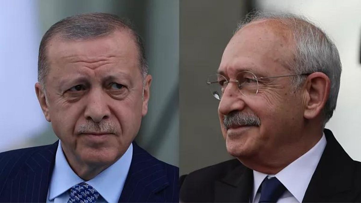 رجب طیب اردوغان، رئیس جمهور ترکیه (چپ)، نامزد ریاست جمهوری اپوزیسیون، کمال کیلیچداراوغلو (راست)