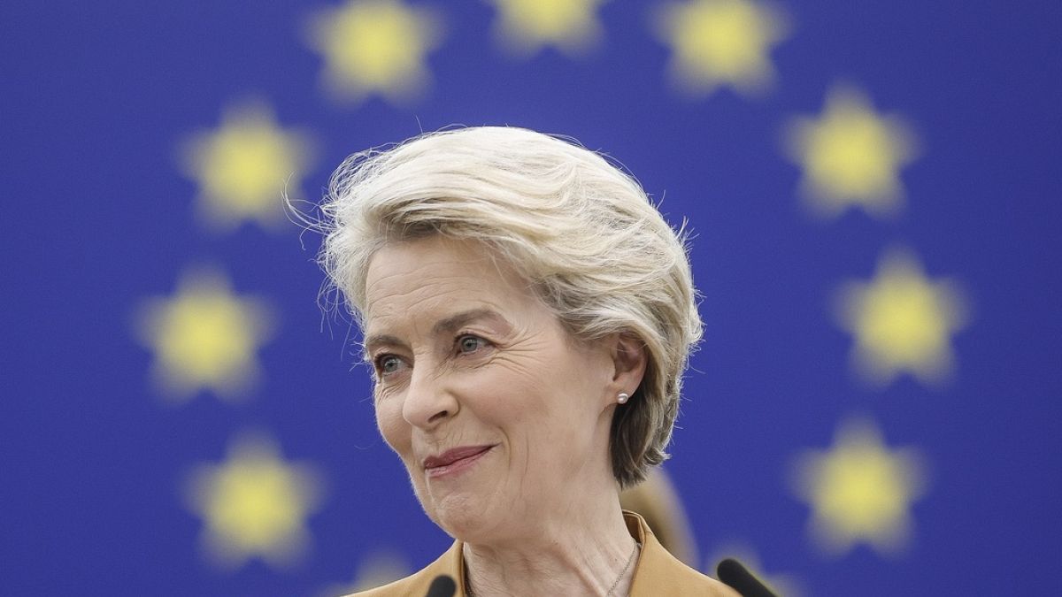 President of the European Commission Ursula Von der Leyen delivers her speech during a debate preparing the next European Council meeting.