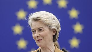 EU Commission President Ursula von der Leyen addresses the European Parliament in Strasbourg on March 15, 2023.