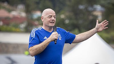 FIFA president Gianni Infantino speaks at a football tournament for delegates to the 73rd FIFA Congress, in Kigali, Rwanda Wednesday, March 15, 2023.
