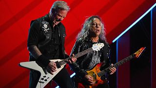 James Hetfield (L) and Kirk Hammett (R) of Metallica perform during the Global Citizen Festival at Central Park in New York on September 24, 2022.