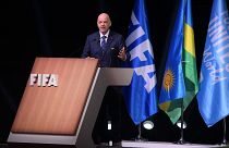 رئيس الاتحاد الدولي لكرة القدم جياني إنفانتينو يتحدث بعد إعادة انتخابه خلال المؤتمر 73 للفيفا في كيغالي، رواندا. 2023/03/16