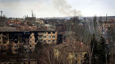 A view of the town of Bakhmut, the site of the heaviest battles with the Russian troops, Donetsk region, Ukraine, Wednesday, March 15, 2023. (AP Photo/Roman Chop)