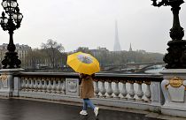 A woman with an umbrella walks on Alexandre III bridge on a foggy day in Paris.