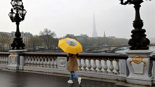 A woman with an umbrella walks on Alexandre III bridge on a foggy day in Paris.