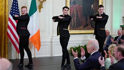 FILE - President Joe Biden and first lady Jill Biden watch Irish dance group erform at a St. Patrick's Day celebration at the White House, March 17, 2022