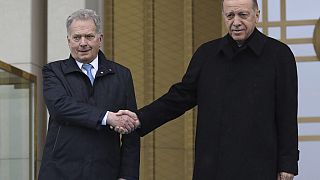 Turkish President Recep Tayyip Erdogan, right, and Finland's President Sauli Niinisto shake hands during a welcome ceremony at the presidential palace in Ankara