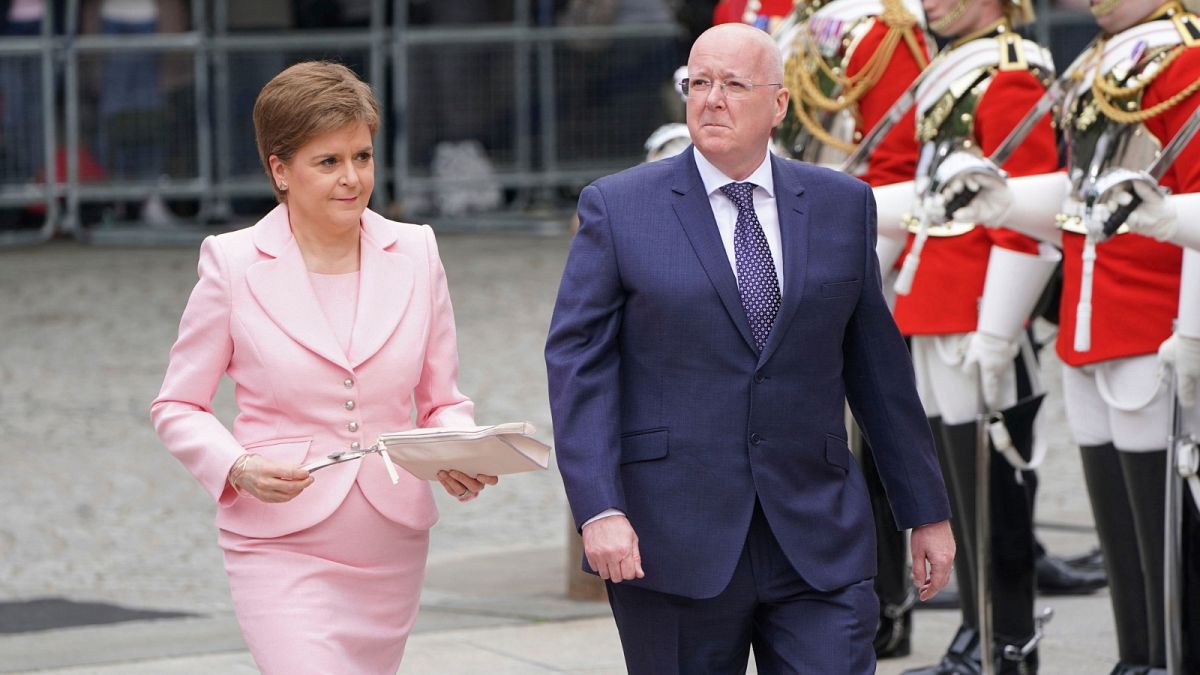 Scottish Prime Minister Nicola Sturgeon and her husband Peter Murrell arrive for service of thanksgiving for the reign of Queen Elizabeth II, June 2 2022