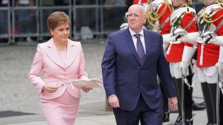 Scottish Prime Minister Nicola Sturgeon and her husband Peter Murrell arrive for service of thanksgiving for the reign of Queen Elizabeth II, June 2 2022