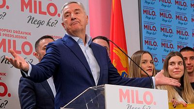 Pro-Western incumbent Milo Djukanovic speaks in his headquarters in Montenegro's capital Podgorica, Sunday, March 19, 2023.