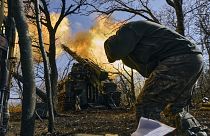 Ukrainian soldiers fire a self-propelled howitzer towards Russian positions near Bakhmut, Donetsk region, Ukraine, March 5, 2023.