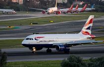 A British Airways passenger jet lands at Lisbon airport, Jan. 25, 2023. BA flights will be cancelled over Easter as Heathrow workers go on strike.