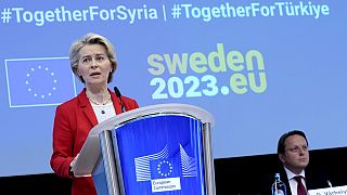 European Commission President Ursula von der Leyen, left, addresses an International Donor's Conference for Turkey and Syria