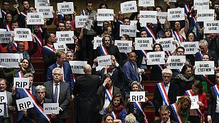 French lawmakers in the National Assembly hold papers reading: "64 years. It is no." 20 March