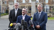 Jeffrey Donaldson y otros dirigentes del Partido Unionista Democrático de Irlanda del Norte (DUP), Irlanda del Norte, Reino Unido 16/5/2022