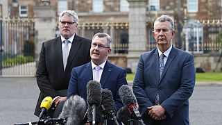 Jeffrey Donaldson and other leaders of the Northern Ireland Democratic Unionist Party (DUP), Northern Ireland, UK 16/5/2022