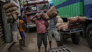 Laborers load sacks of imported potatoes to hand carts at a market place in Colombo, Sri Lanka, Tuesday, March 21, 2023.