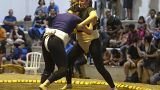 Brazilian sumo wrestler Valéria Dall'Olio (R) fights during a Brazilian sumo championship bout, a qualifier for the South American championship in Sao Paulo, Brazil.07.03.2023